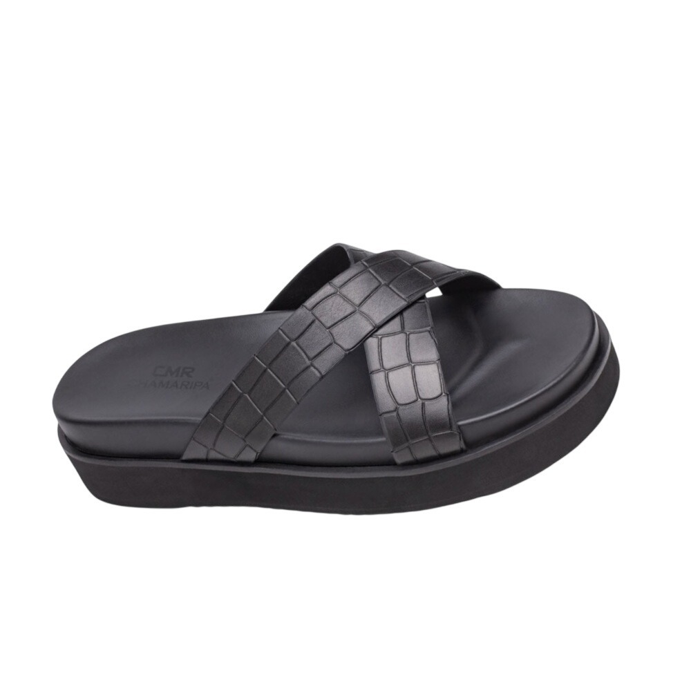 Chamaripa Men‎ Black Leather Croc Embossed Criss Cross Platform Elevator Sandals